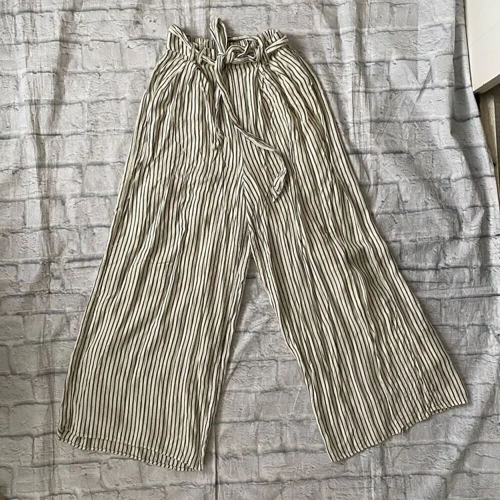 American Eagle women XS wide leg fully lined striped high waist tie belt pants
